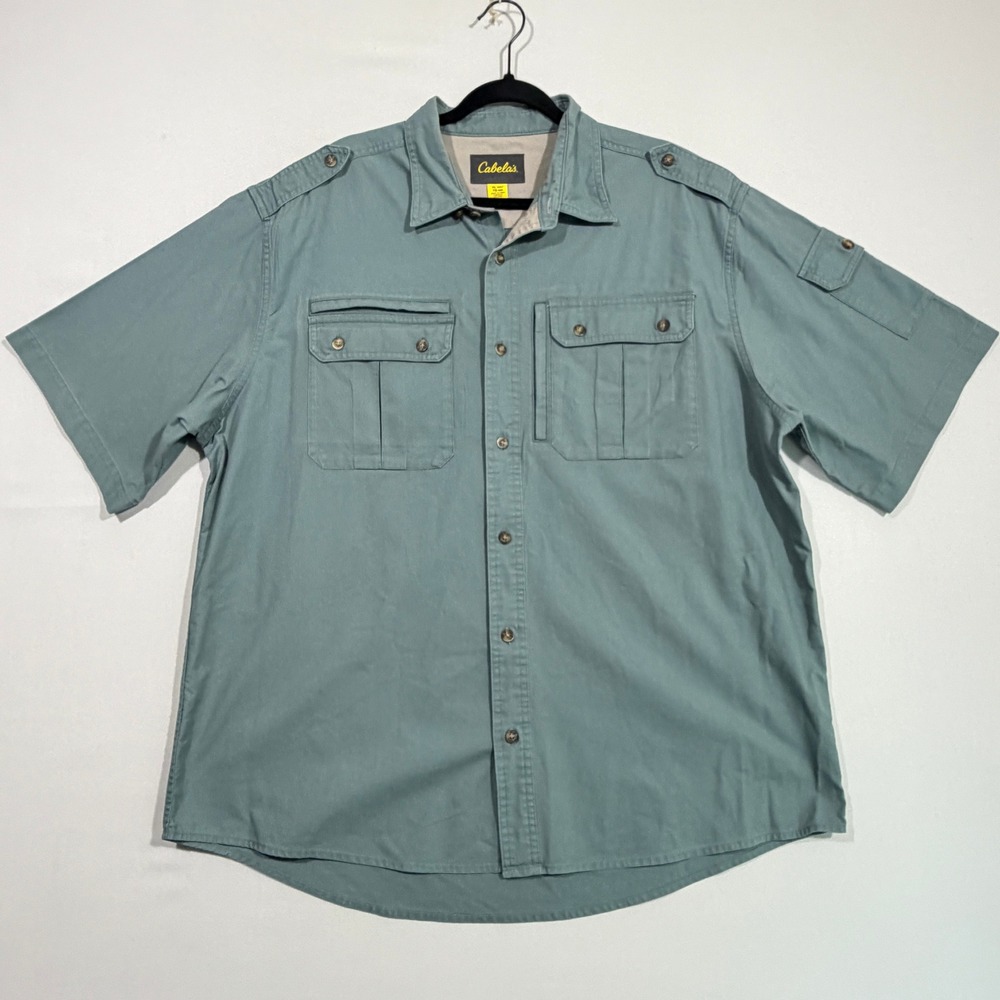 Cabelas Mens Shirt XL Regular Green Cotton Short Sleeve Epaulet Gorpcore Utility
